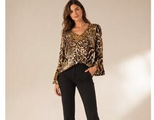 Victor Costa Silk Animal Print Silk Beaded Blouse Womens XS Tunic Vintage Brown